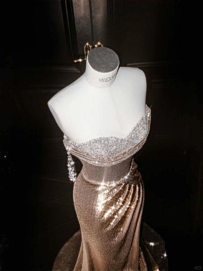 Elegant Champagne Off Shoulder Mermaid Sequin Long Prom Dresses Formal Evening Dresses RF0475