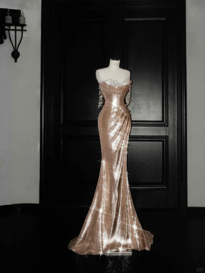 Elegant Champagne Off Shoulder Mermaid Sequin Long Prom Dresses Formal Evening Dresses RF0475
