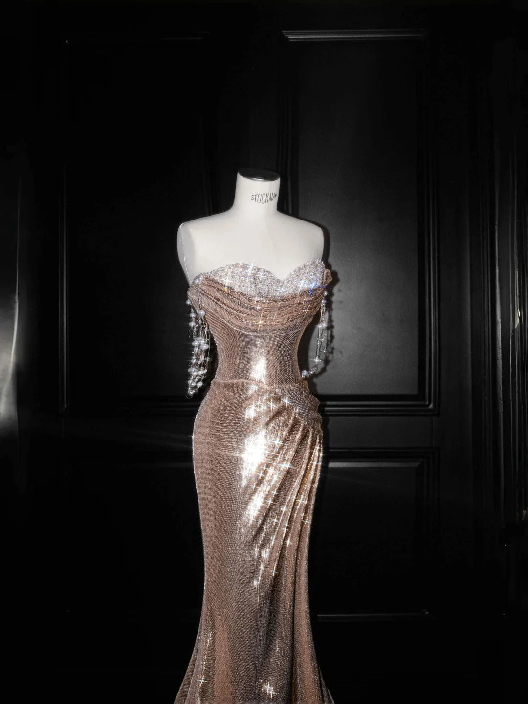 Elegant Champagne Off Shoulder Mermaid Sequin Long Prom Dresses Formal Evening Dresses RF0475