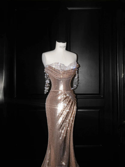 Elegant Champagne Off Shoulder Mermaid Sequin Long Prom Dresses Formal Evening Dresses RF0475