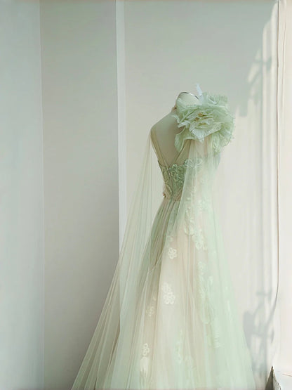 Sweet Light Green Tulle Applique A-Line V Neck Long Prom Dresses Beautiful Wedding Dress RF0476