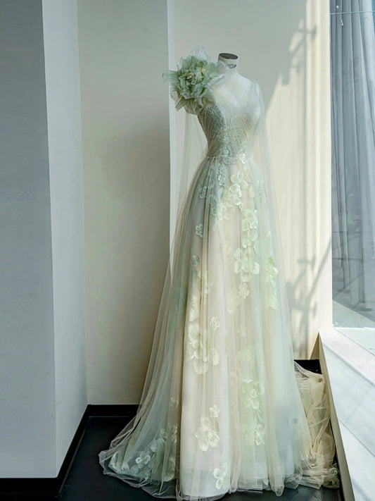 Sweet Light Green Tulle Applique A-Line V Neck Long Prom Dresses Beautiful Wedding Dress RF0476