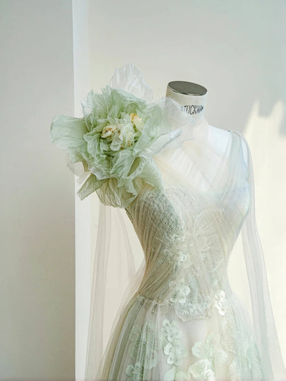 Sweet Light Green Tulle Applique A-Line V Neck Long Prom Dresses Beautiful Wedding Dress RF0476