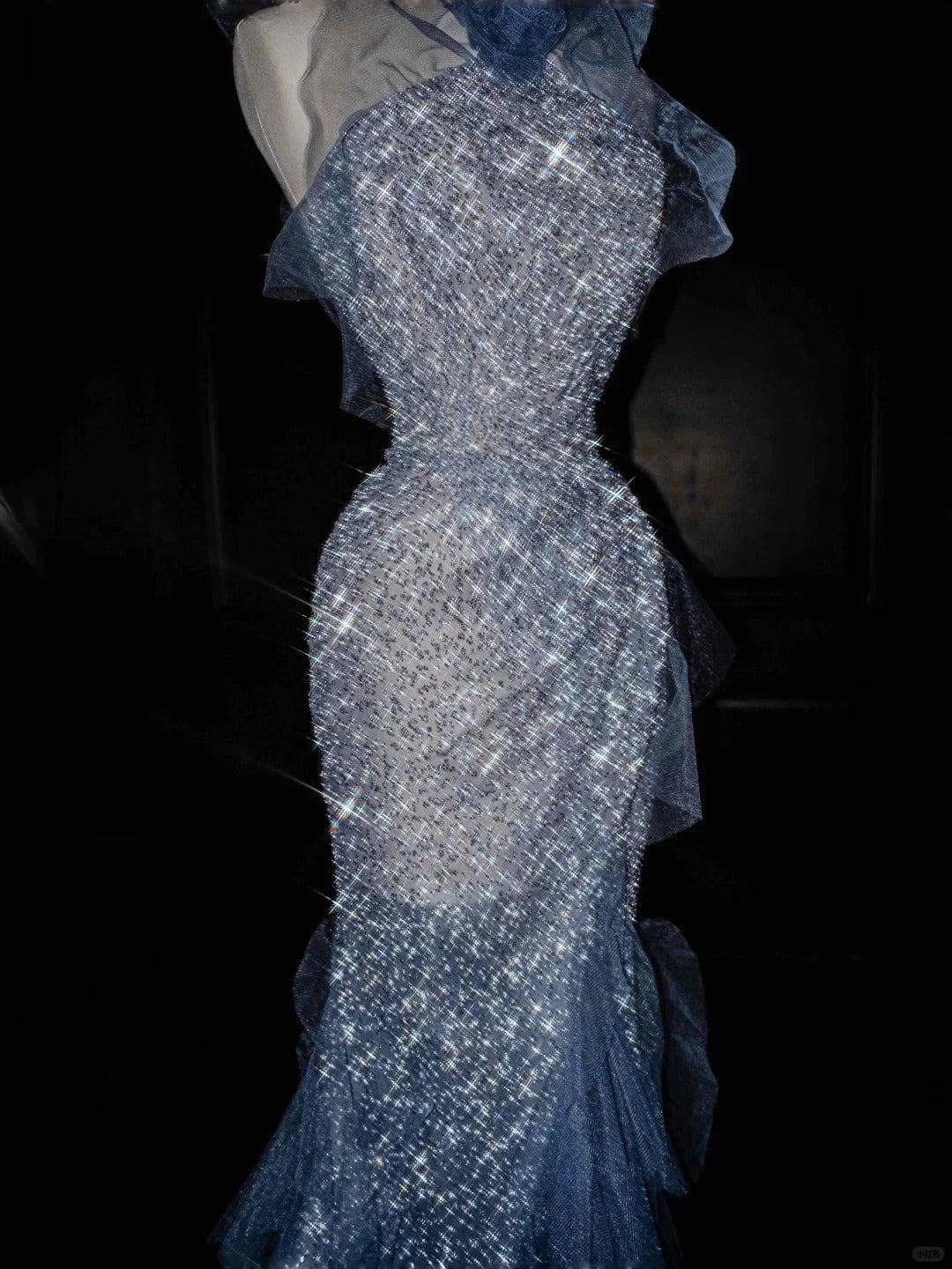 Stunning Grey Blue Tulle Sequin Mermaid Halter Neck Long Prom Dresses Formal Evening Dresses RF0477