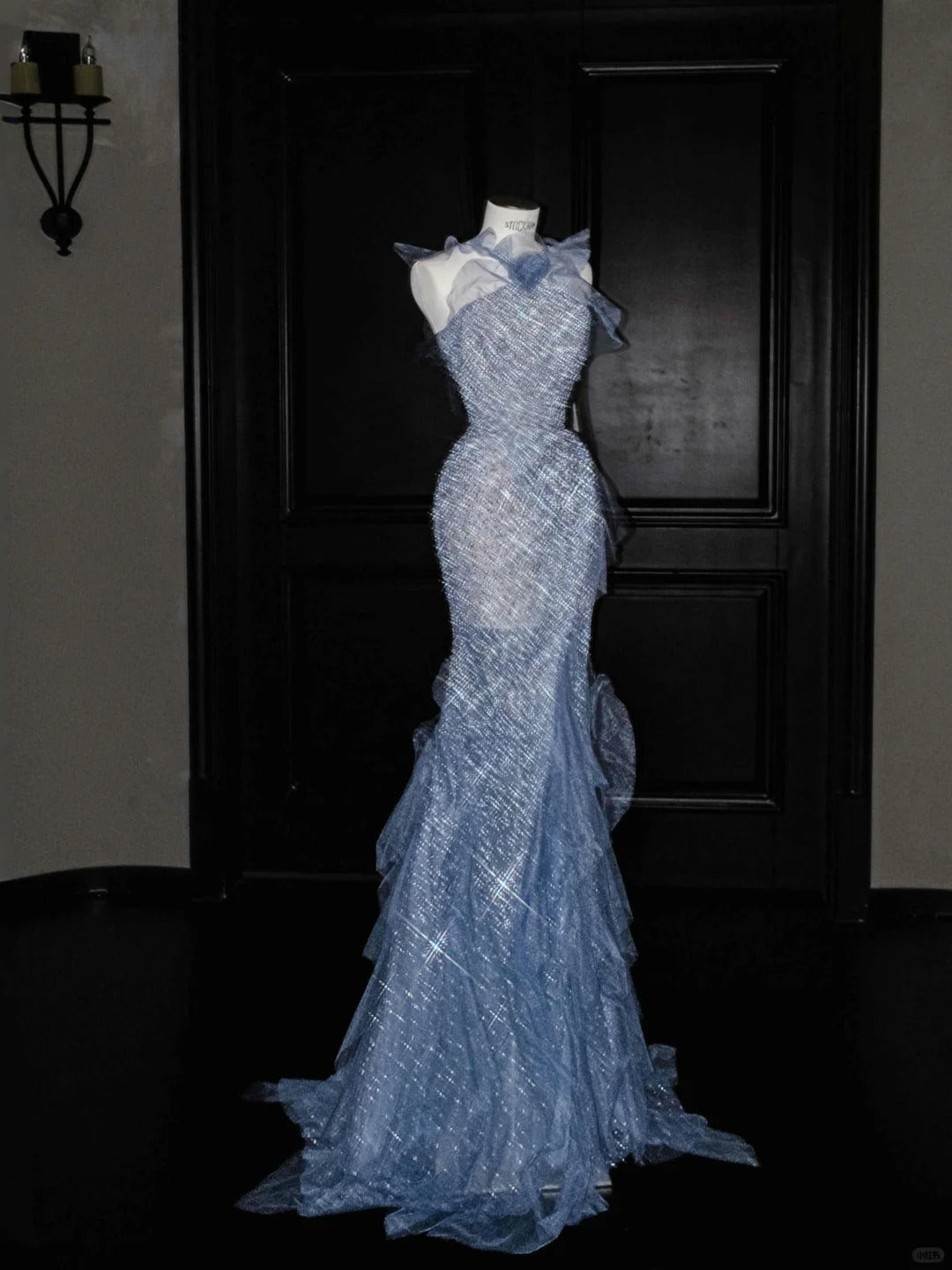 Stunning Grey Blue Tulle Sequin Mermaid Halter Neck Long Prom Dresses Formal Evening Dresses RF0477
