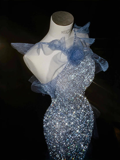 Stunning Grey Blue Tulle Sequin Mermaid Halter Neck Long Prom Dresses Formal Evening Dresses RF0477