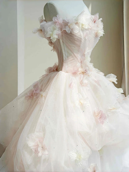 Pretty Light Pink Off-the-shoulder A-Line Layered Tulle Applique Wedding Dress Sweet 16 Dress RF0478