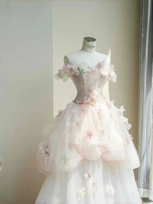 Pretty Light Pink Off-the-shoulder A-Line Layered Tulle Applique Wedding Dress Sweet 16 Dress RF0478