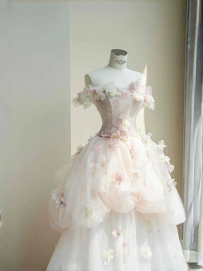 Pretty Light Pink Off-the-shoulder A-Line Layered Tulle Applique Wedding Dress Sweet 16 Dress RF0478