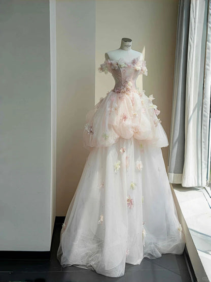 Pretty Light Pink Off-the-shoulder A-Line Layered Tulle Applique Wedding Dress Sweet 16 Dress RF0478