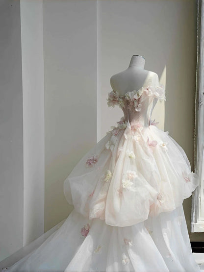 Pretty Light Pink Off-the-shoulder A-Line Layered Tulle Applique Wedding Dress Sweet 16 Dress RF0478