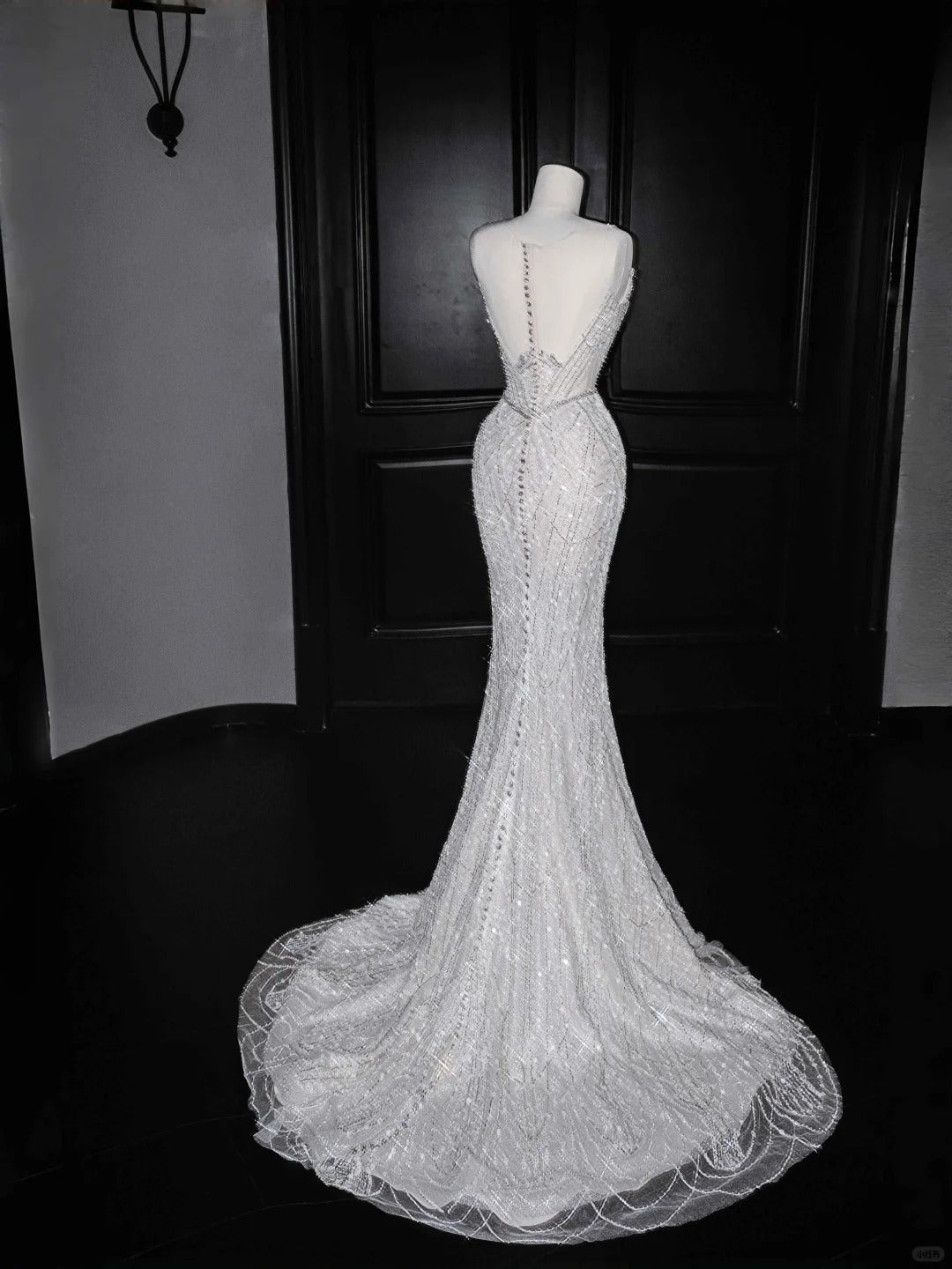 Gorgeous Light Grey Mermaid Round Neck Sequined Tulle Long Prom Dresses Formal Evening Dress RF0480