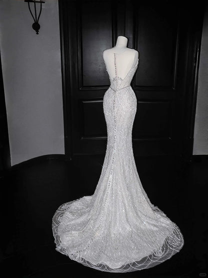 Gorgeous Light Grey Mermaid Round Neck Sequined Tulle Long Prom Dresses Formal Evening Dress RF0480