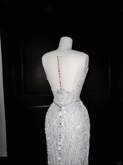 Gorgeous Light Grey Mermaid Round Neck Sequined Tulle Long Prom Dresses Formal Evening Dress RF0480