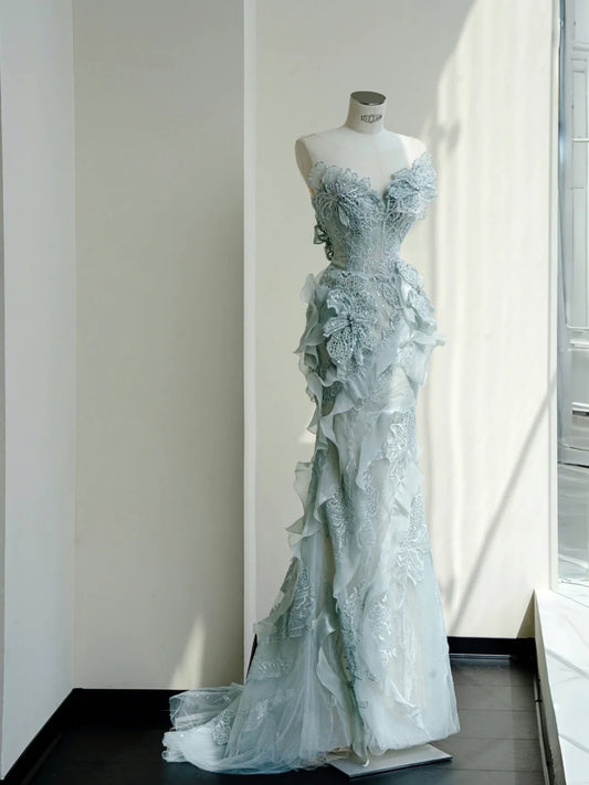 Beautiful Sweetheart Neck Mermaid Tulle Sequins Train Long Prom Dresses Exquisite Embroidery Applique Wedding Dress RF0481