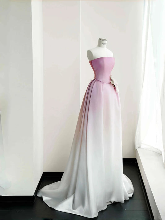 Sweet Gradient Pink A-Line Strapless Satin Long Prom Dresses Gorgeous Wedding Dress RF0483
