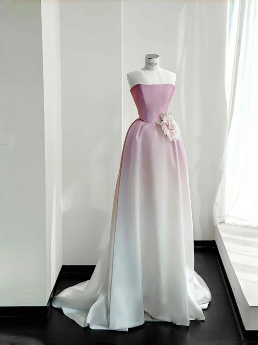 Sweet Gradient Pink A-Line Strapless Satin Long Prom Dresses Gorgeous Wedding Dress RF0483