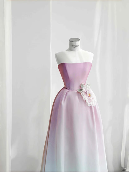 Sweet Gradient Pink A-Line Strapless Satin Long Prom Dresses Gorgeous Wedding Dress RF0483