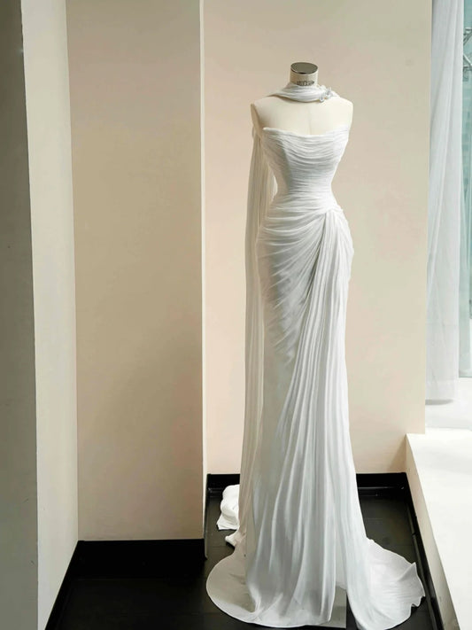 Elegant White Chiffon Mermaid Wedding Dress Off Shoulder Long Prom Dresses with Pleats RF0489