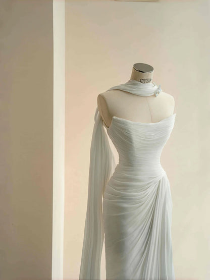Elegant White Chiffon Mermaid Wedding Dress Off Shoulder Long Prom Dresses with Pleats RF0489