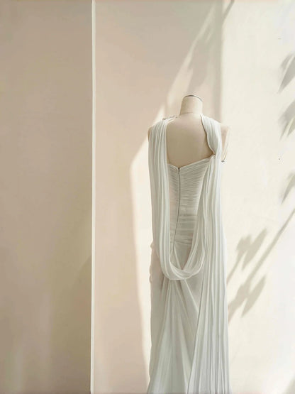 Elegant White Chiffon Mermaid Wedding Dress Off Shoulder Long Prom Dresses with Pleats RF0489