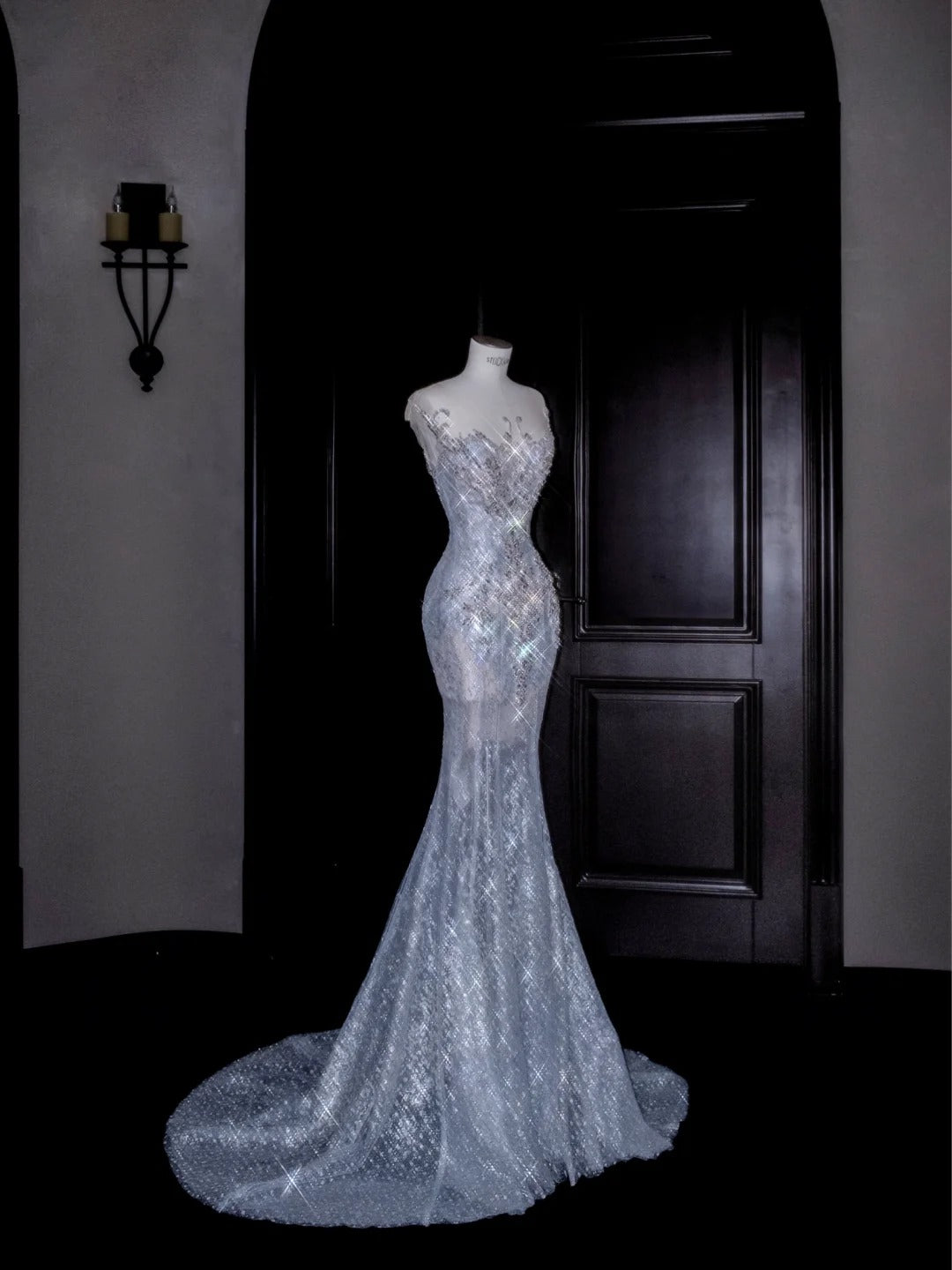 Ice Blue Tulle Mermaid Round Neck Sequins Long Train Evening Dress RF0490