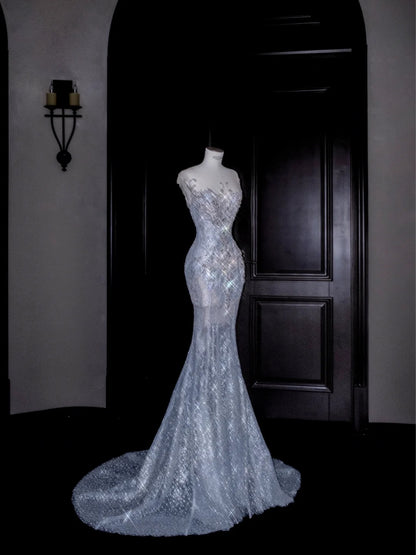 Ice Blue Tulle Mermaid Round Neck Sequins Long Train Evening Dress RF0490