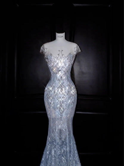 Ice Blue Tulle Mermaid Round Neck Sequins Long Train Evening Dress RF0490