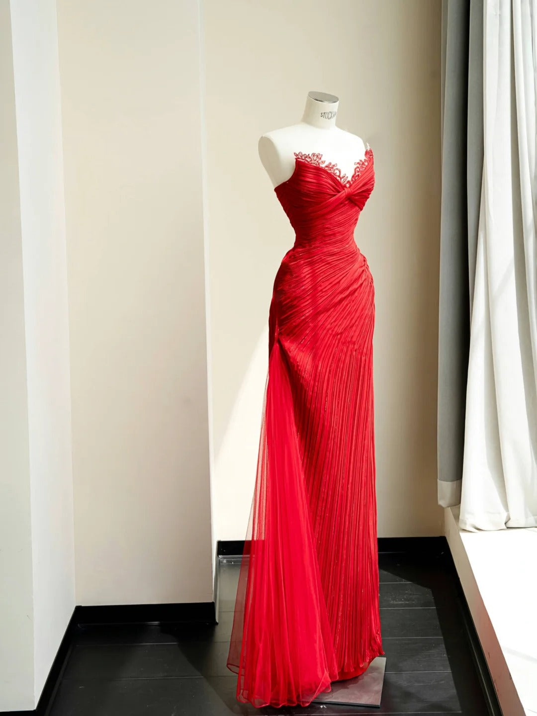 Stunning Red Sweetheart Neck Tulle Sheath Long Prom Dresses Formal Elegant Evening Dresses RF0491