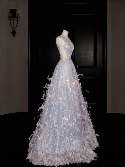 Beautiful V-neck Tulle Beaded Sequins A-Line Long Prom Dresses Sweet 16 Evening Dresses RF0492