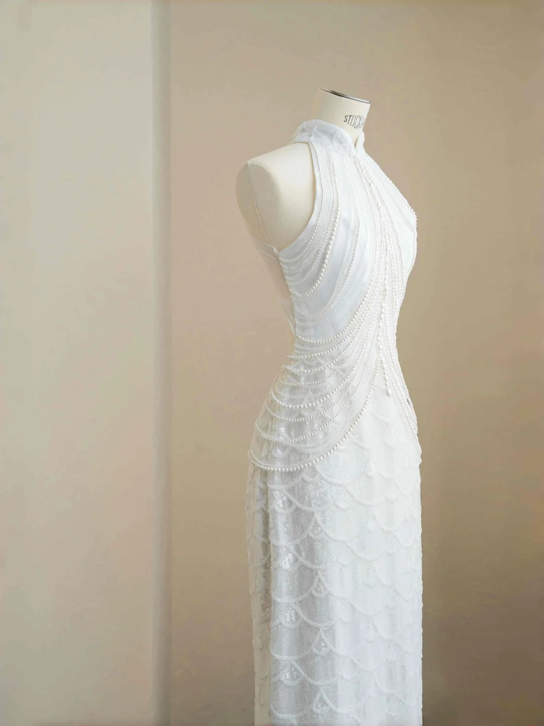 White Mandarin Neck Beaded Mermaid Formal Evening Dress Unique Wedding Dress RF0499