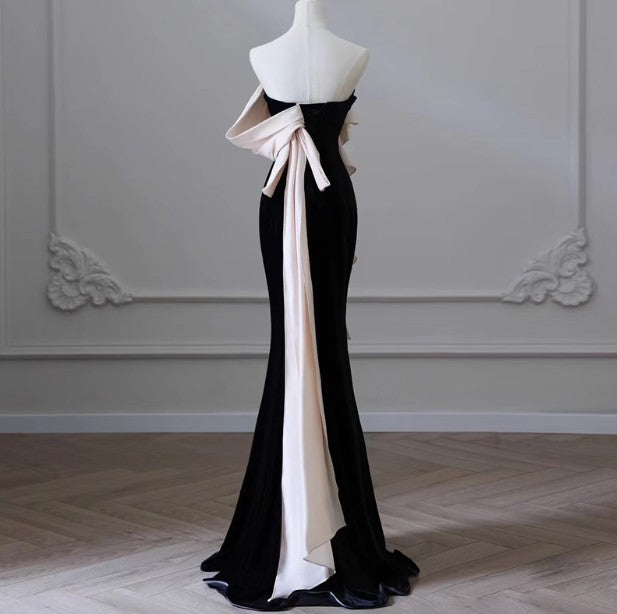 Elegant Black Strapless Velvet Mermaid Long Prom Dresses Formal Evening Dresses RF0500