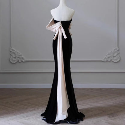 Elegant Black Strapless Velvet Mermaid Long Prom Dresses Formal Evening Dresses RF0500