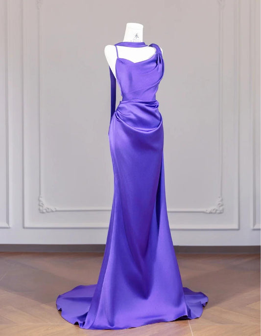 Elegant Purple Strap Mermaid Satin Backless Long Prom Dresses Formal Evening Gowns RF0501
