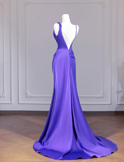 Elegant Purple Strap Mermaid Satin Backless Long Prom Dresses Formal Evening Gowns RF0501