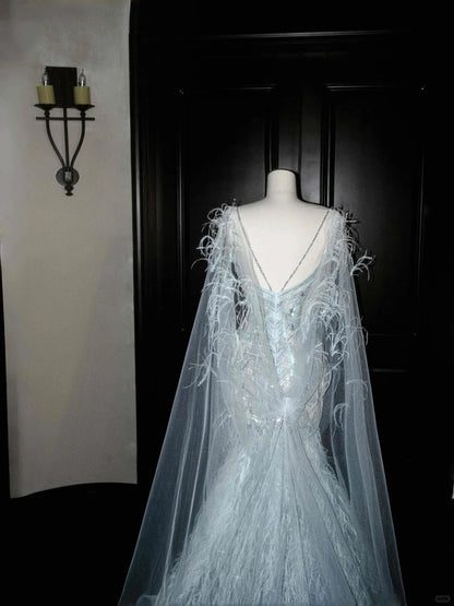 Gorgeous Ice Blue Tulle Spaghetti Straps Mermaid Long Prom Dresses Formal Evening Dresses RF0503