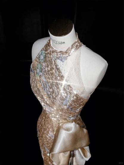 Elegant Halter Neck Deep Champagne Sheath Prom Dresses Sequin Satin Formal Evening Gowns RF0504