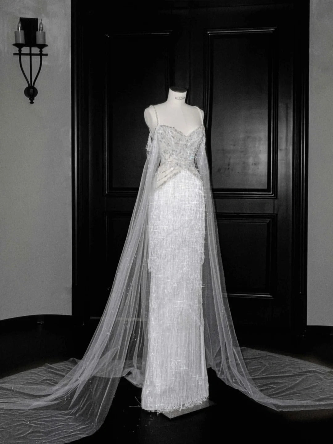 Fairytale Spaghetti Straps Beaded Tulle Sheath Train Wedding Dress RF0506