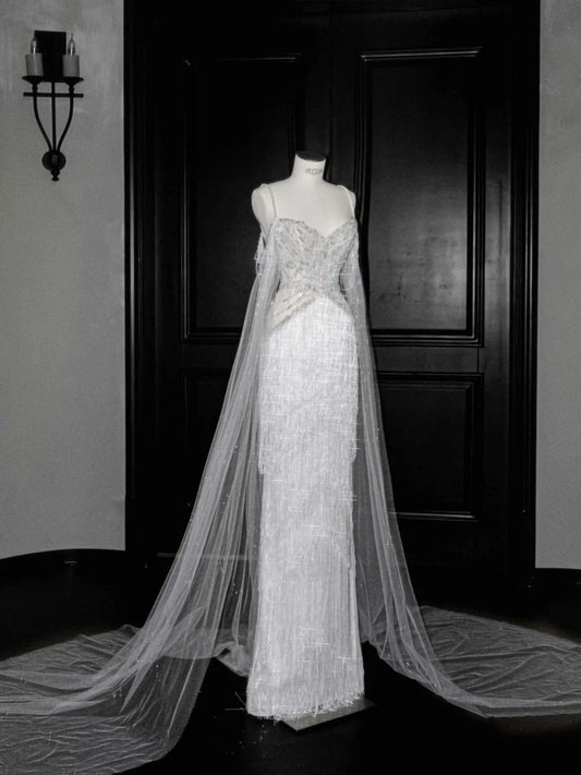 Fairytale Spaghetti Straps Beaded Tulle Sheath Train Wedding Dress RF0506