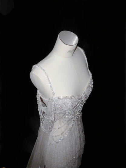 Fairytale Spaghetti Straps Beaded Tulle Sheath Train Wedding Dress RF0506