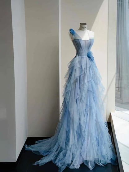 Beautiful Blue One Shoulder Tulle A-Line Long Prom Dresses Sweet 16 Dress RF0512