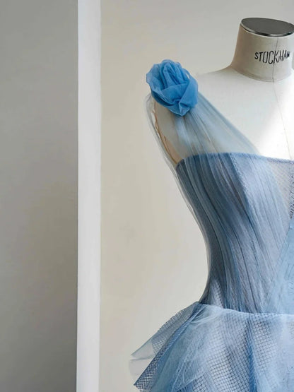 Beautiful Blue One Shoulder Tulle A-Line Long Prom Dresses Sweet 16 Dress RF0512
