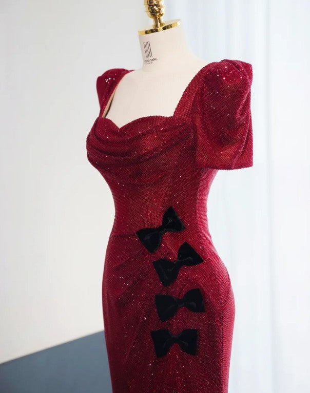 Gorgeous Red Square Neck Chiffon Sequin Sheath Prom Dresses Formal Evening Dresses RF0515