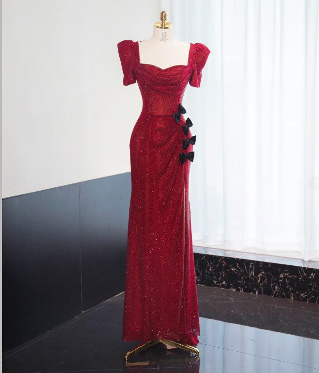 Gorgeous Red Square Neck Chiffon Sequin Sheath Prom Dresses Formal Evening Dresses RF0515