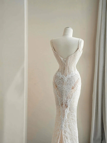 Simple White Spaghetti Straps Lace Mermaid Train Wedding Dress RF0519