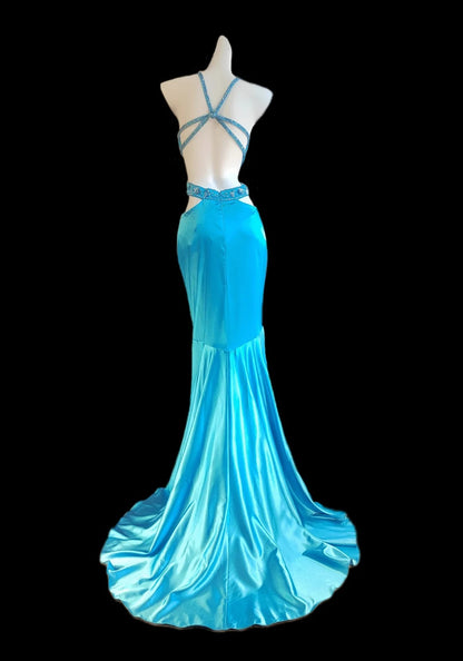 Vintage Blue Spaghetti Straps Hi-Lo Backless Satin Beaded Prom Dresses Elegant Evening Dress RF0522