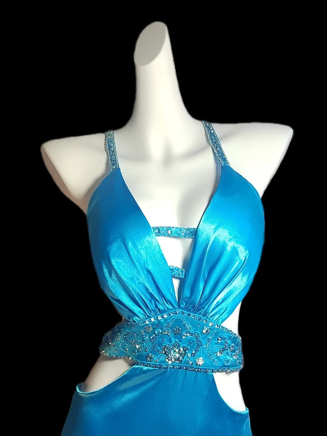 Vintage Blue Spaghetti Straps Hi-Lo Backless Satin Beaded Prom Dresses Elegant Evening Dress RF0522