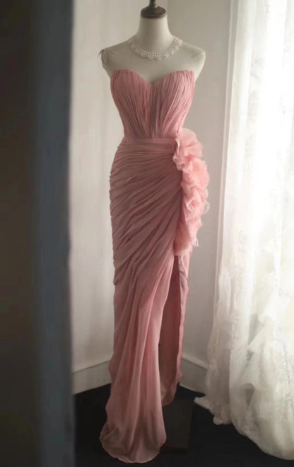 Elegant Peach Strapless Chiffon Sheath Prom Dresses Formal Evening Gown RF0525