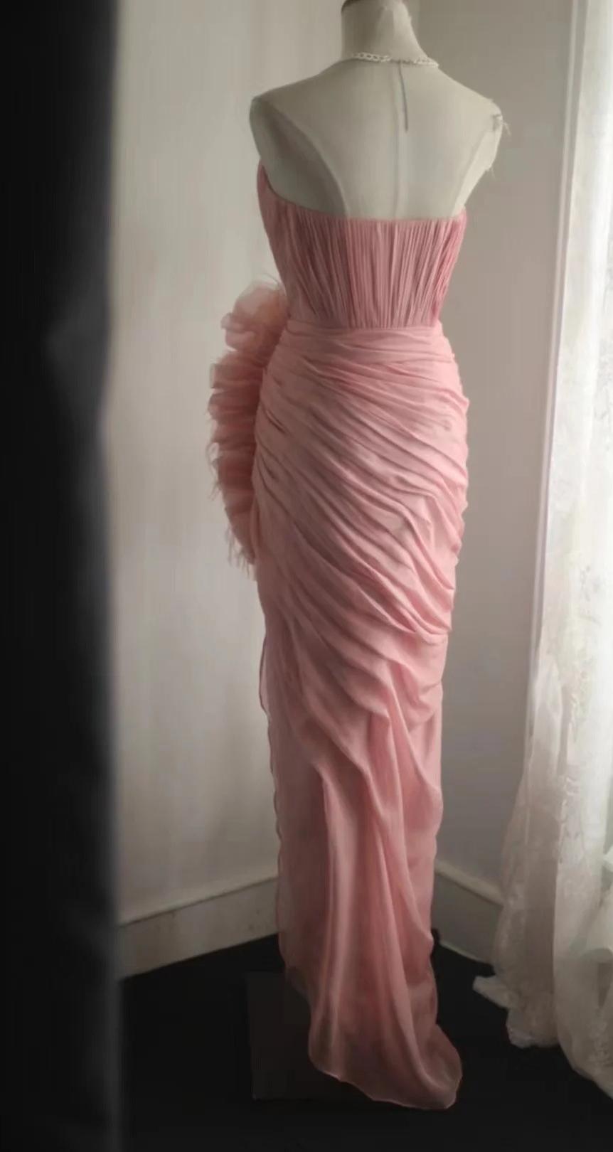 Elegant Peach Strapless Chiffon Sheath Prom Dresses Formal Evening Gown RF0525