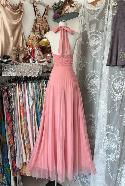 Vintage Pink V-neck Tulle Party Dresses  Backless A-Line Formal Evening Gown RF0526
